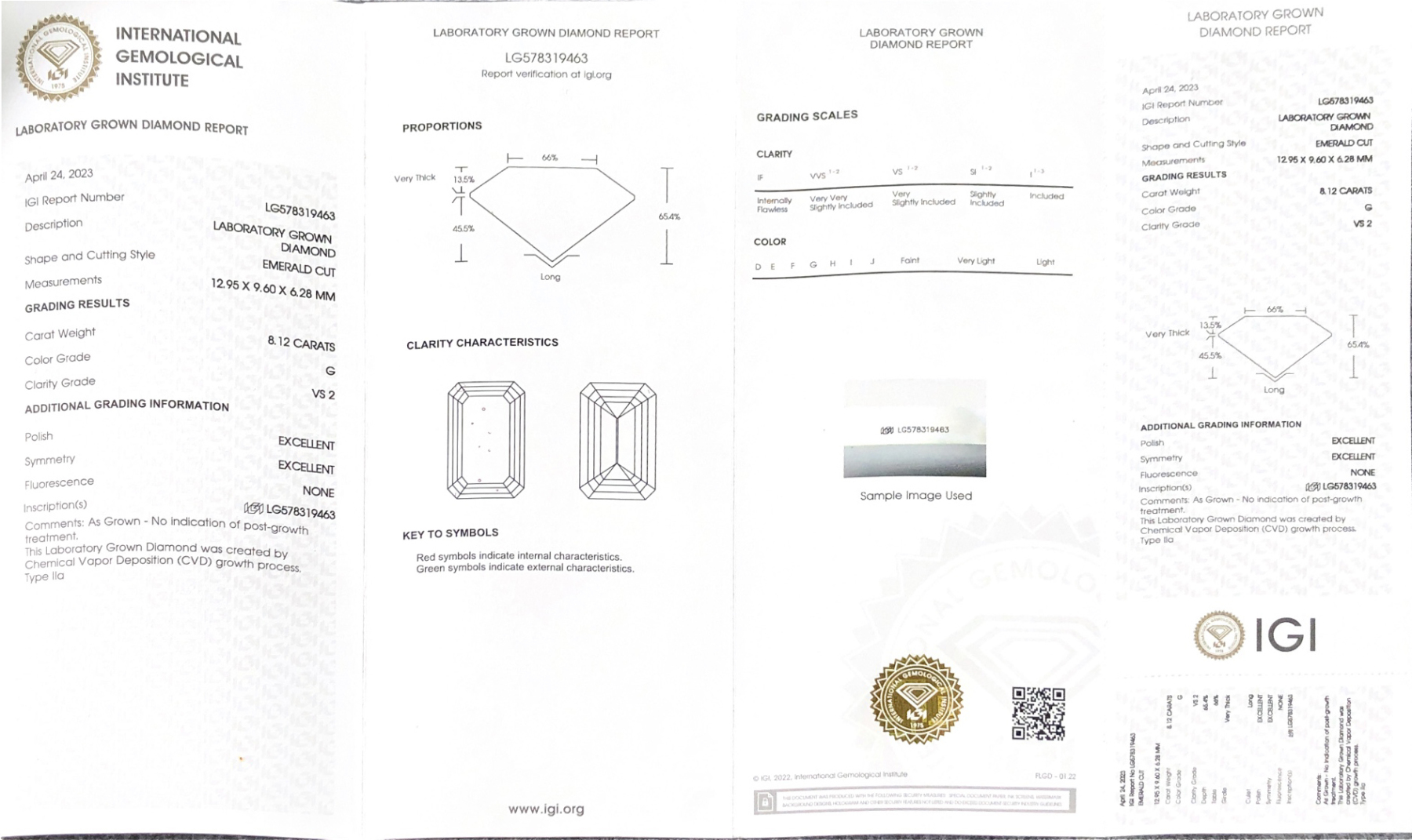MissDiamond CVD LG578319463 Emerald Cut 8.12CT G VS2 EX EX Lab Grown Diamond
