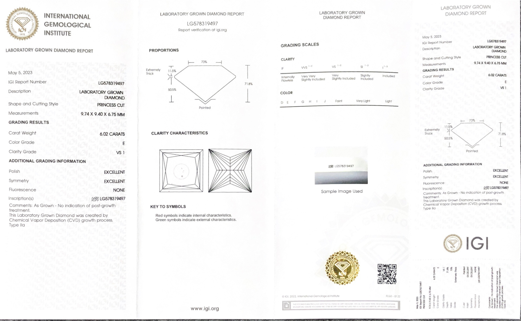 MissDiamond CVD LG578319497 Princess Cut 6.02CT E VS1 EX EX Lab Grown Diamond