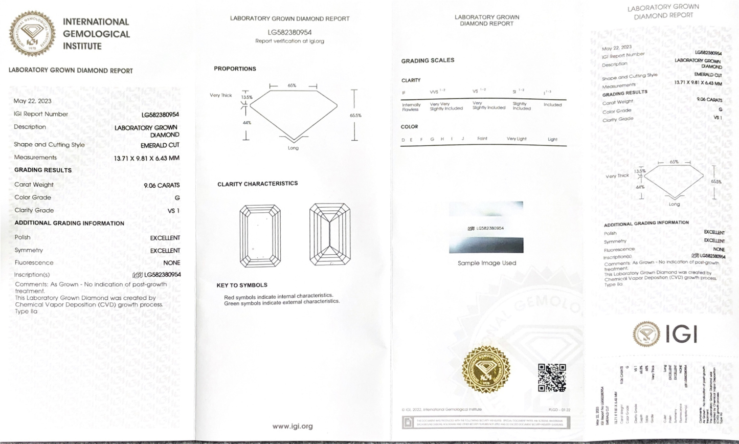 MissDiamond CVD LG582380954 Emerald Cut 9.06CT G VS1 EX EX Lab Grown Diamond