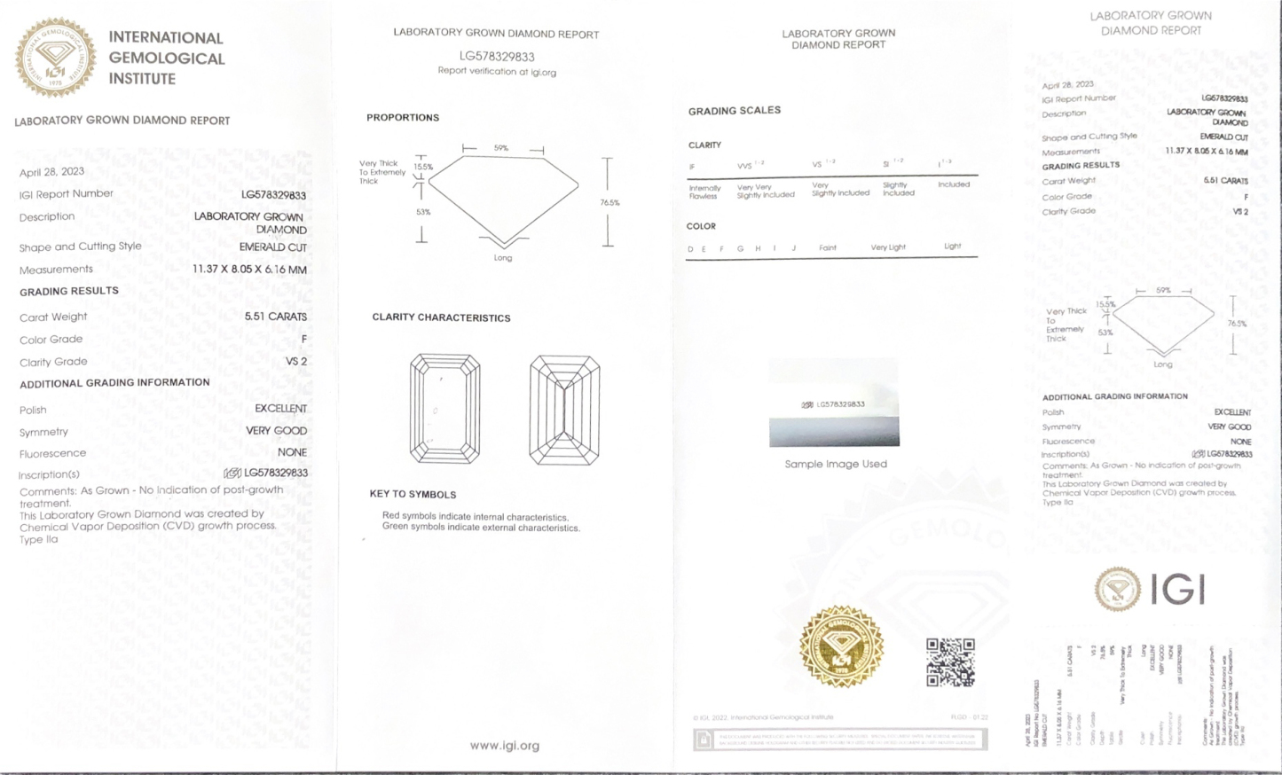 MissDiamond CVD LG578329833 Emerald Cut 5.51CT F VS2 EX VG Lab Grown Diamond