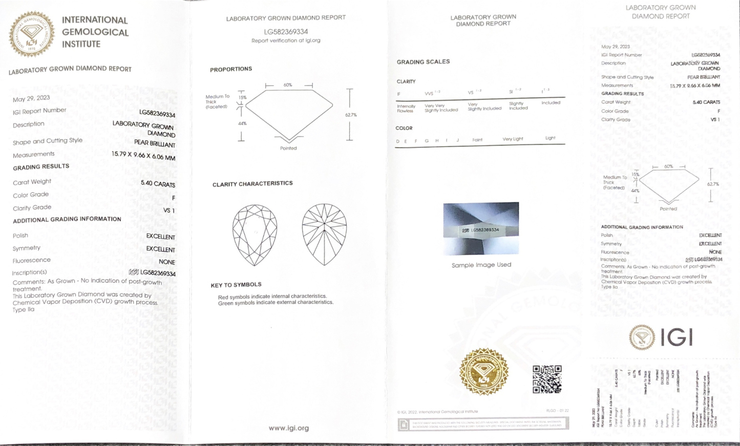MissDiamond CVD LG582369334 Pear Cut 5.4CT F VS1 EX EX Lab Grown Diamond