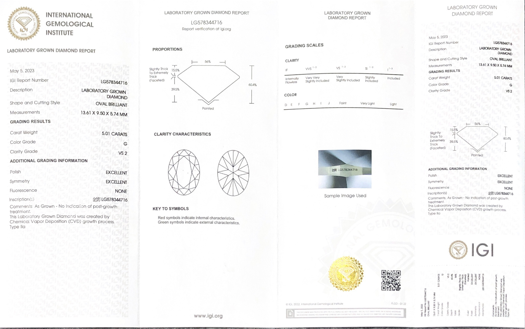 MissDiamond CVD LG578344716 Oval Cut 5.01CT G VS2 EX EX Lab Grown Diamond