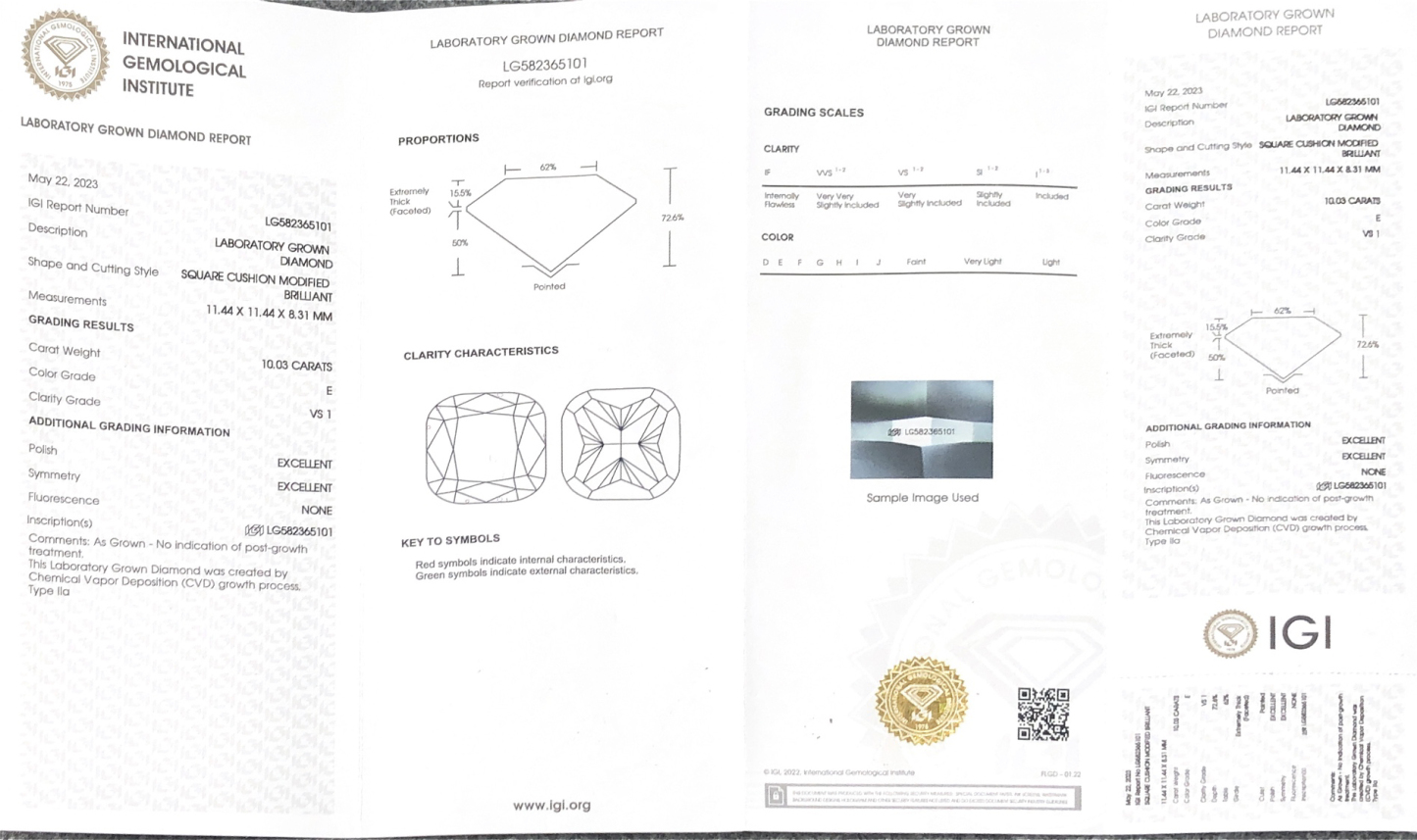 MissDiamond CVD LG582365101 Square Cushion Cut 10.03CT E VS1 EX EX Lab Grown Diamond