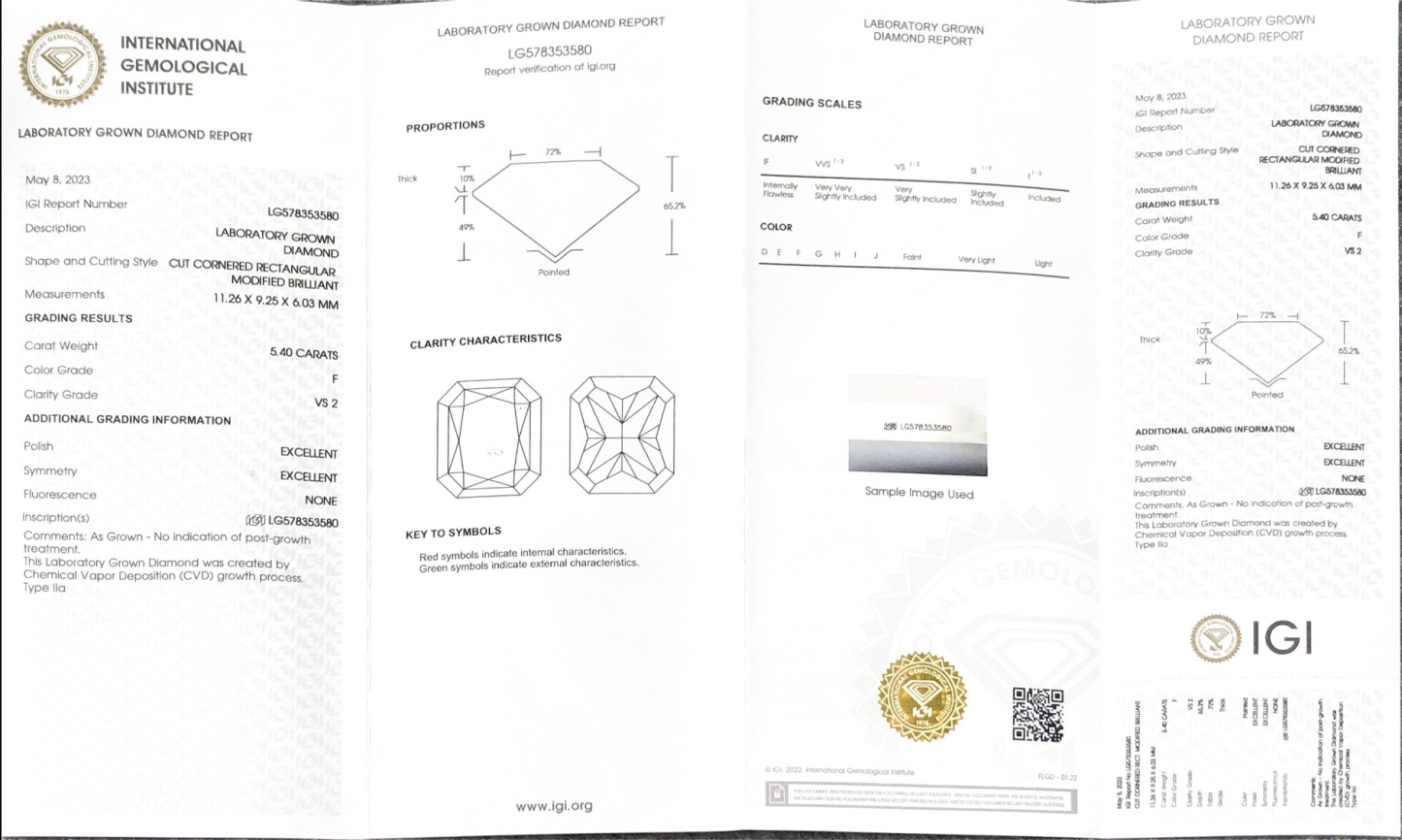 MissDiamond CVD LG578353580 Radiant Cut 5.40CT F VS2 EX EX Lab Grown Diamond