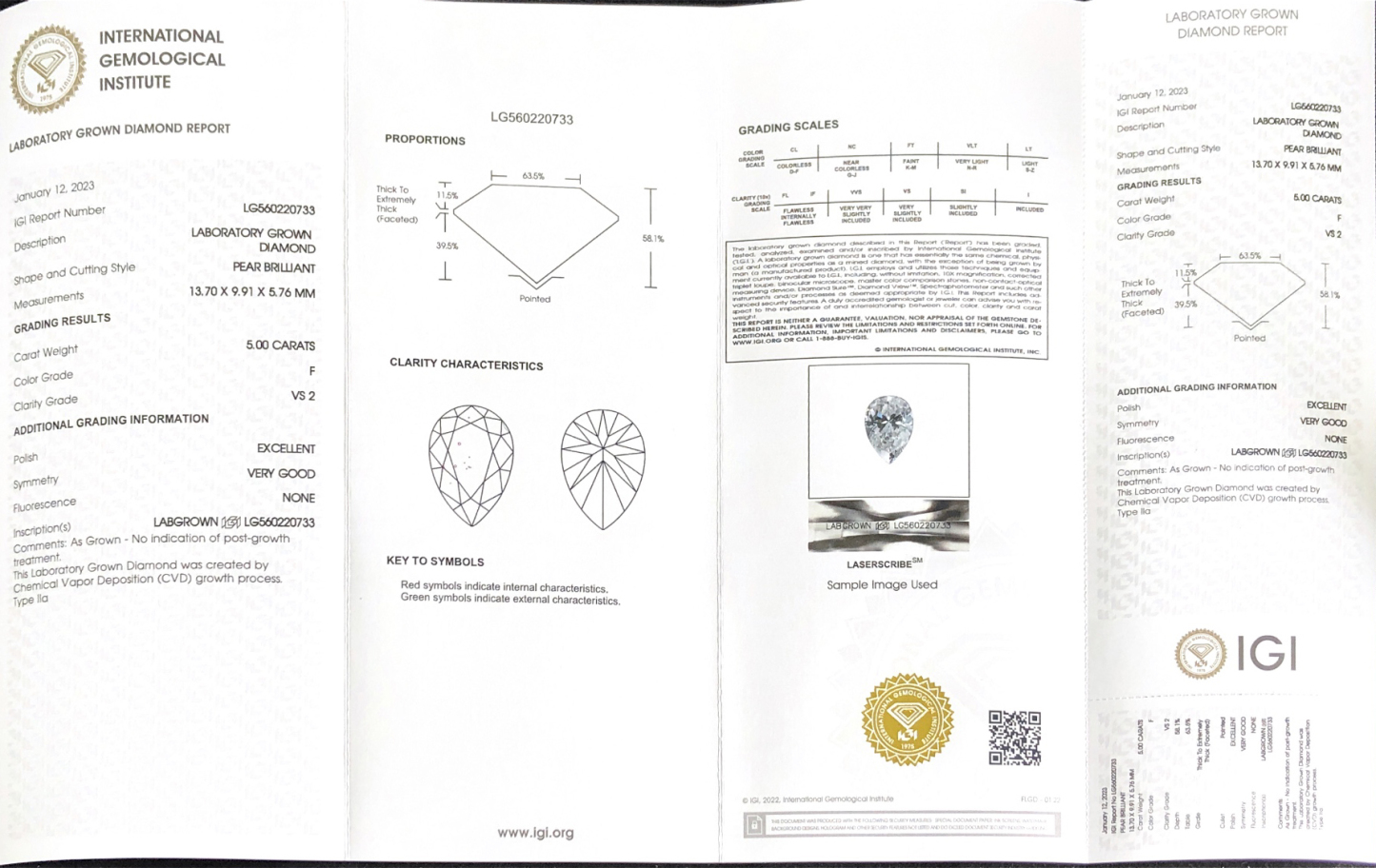 CVD LG560220733 Pear Shape 5.00CT F VS2 EX VG Lab Grown Diamond