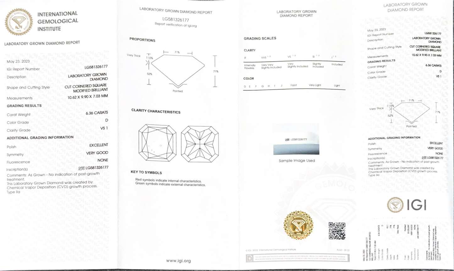 MissDiamond CVD LG581326177 Cut Cornered Square Modified Brilliant 6.36CT D VS1 EX VG Lab Grown Diamond