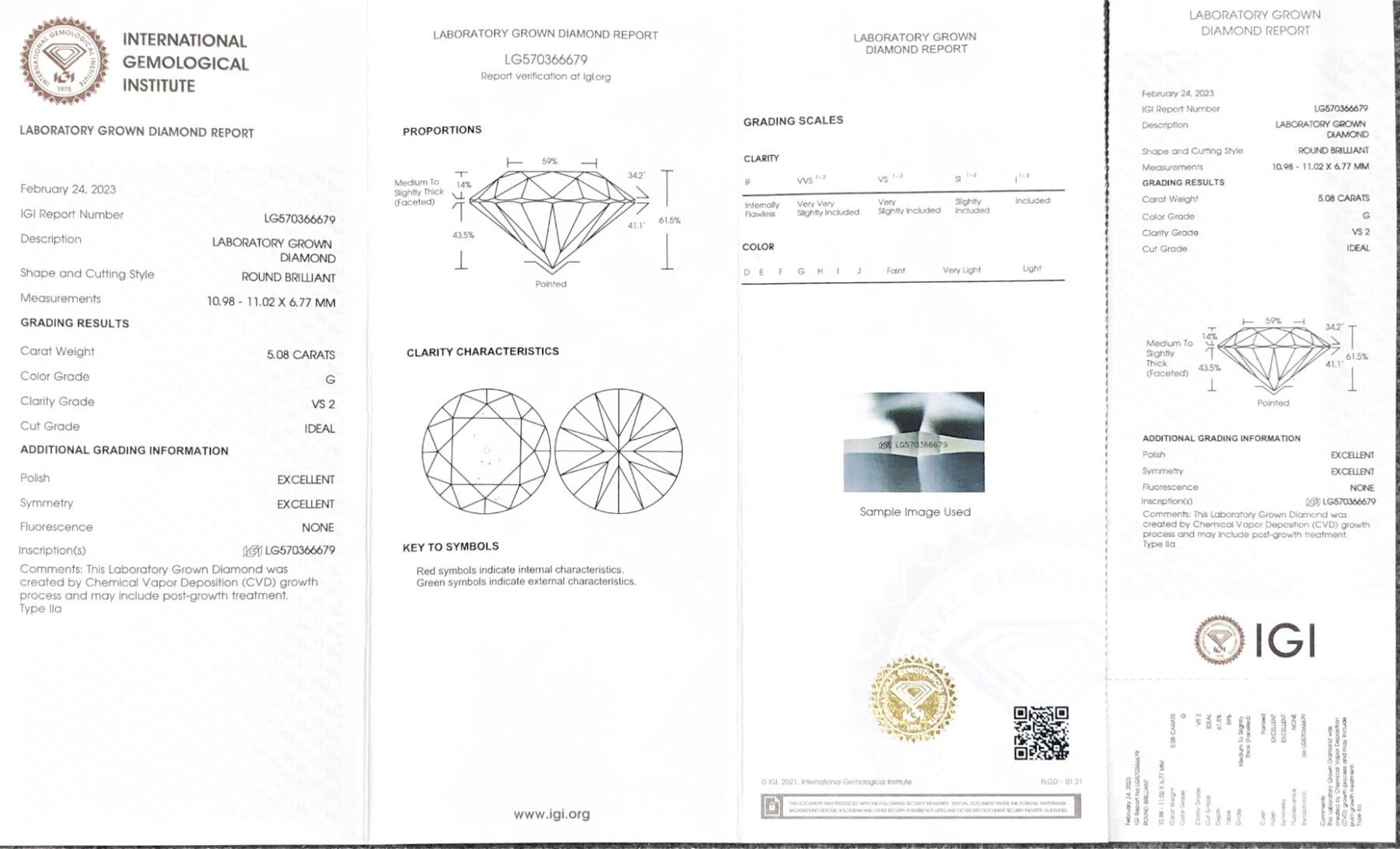 MissDiamond CVD LG570366679 Round Cut 5.08CT G VS2 ID EX EX Lab Grown Diamond