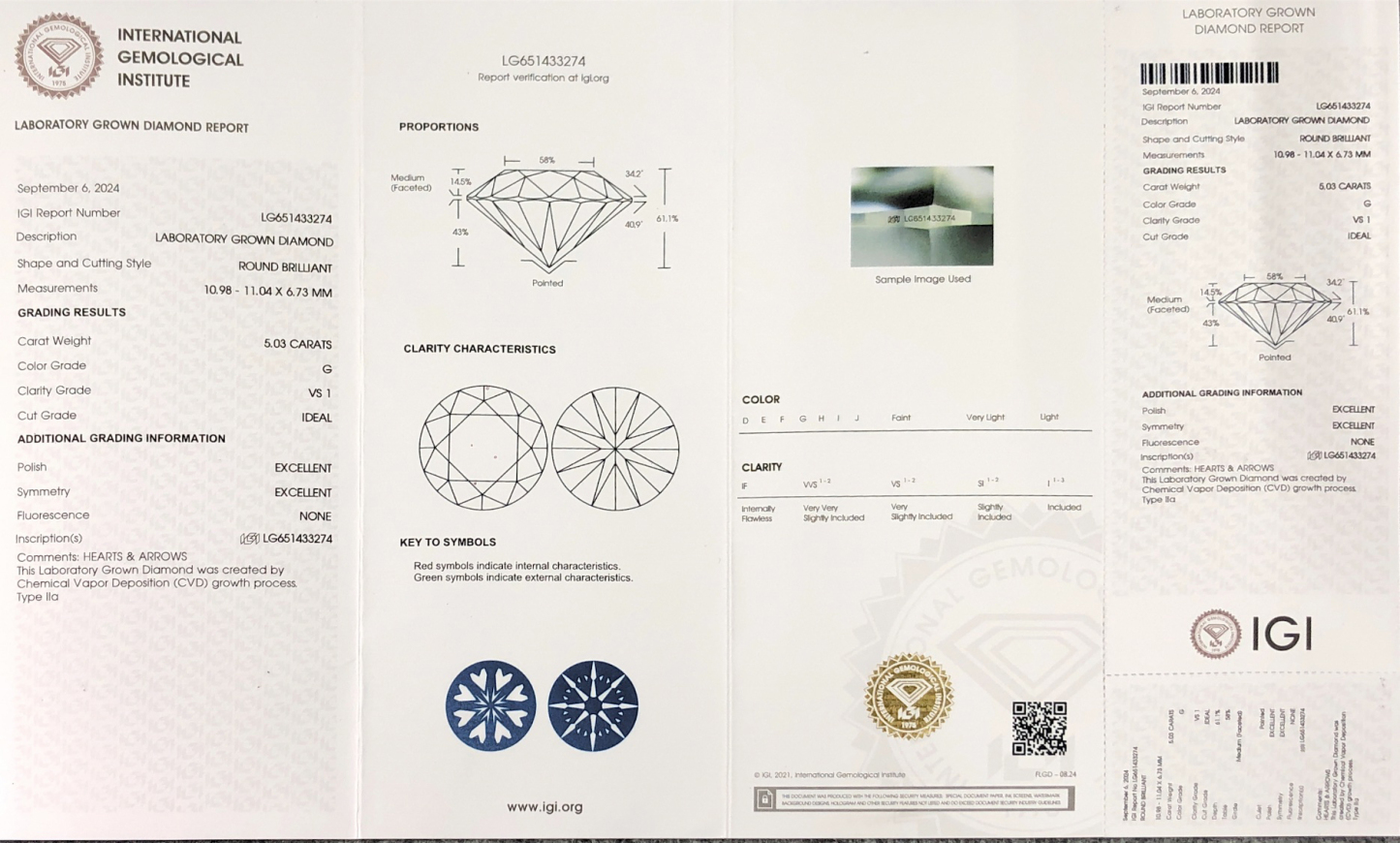 MissDiamond CVD LG651433274 Round Cut 5.03CT G VS1 ID EX EX Lab Grown Diamond