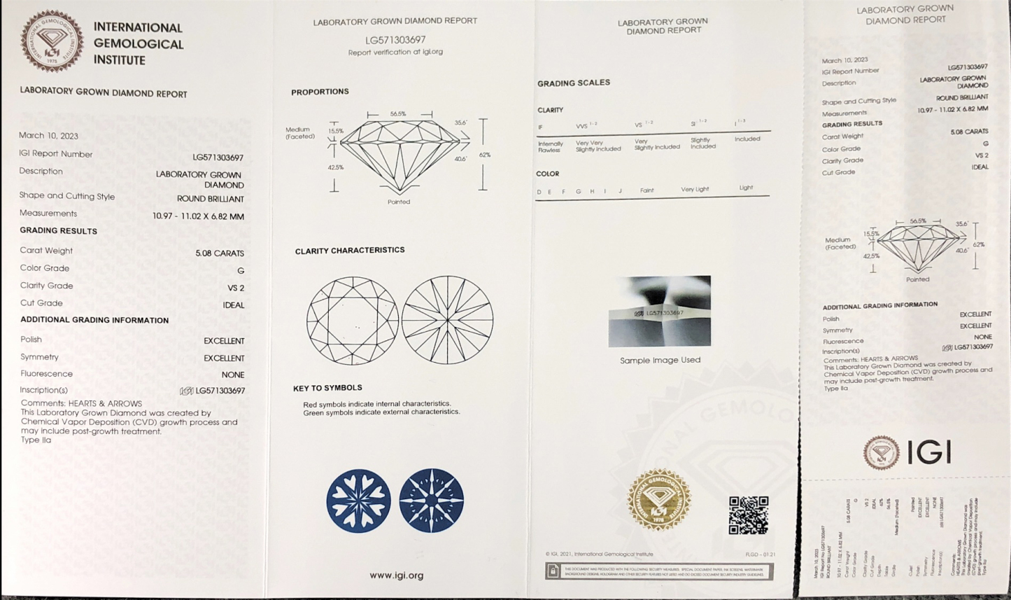 MissDiamond CVD LG571303697 Round Cut 5.08CT G VS2 ID EX EX Lab Grown Diamond