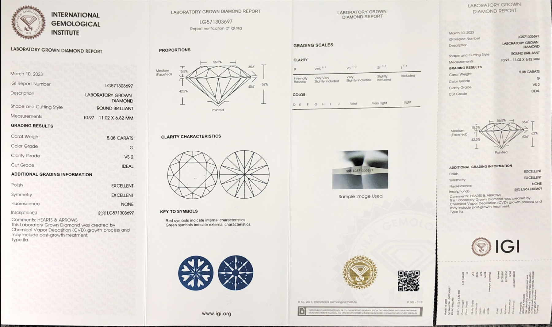 MissDiamond CVD LG571303697 Round Cut 5.08CT G VS2 ID EX EX Lab Grown Diamond