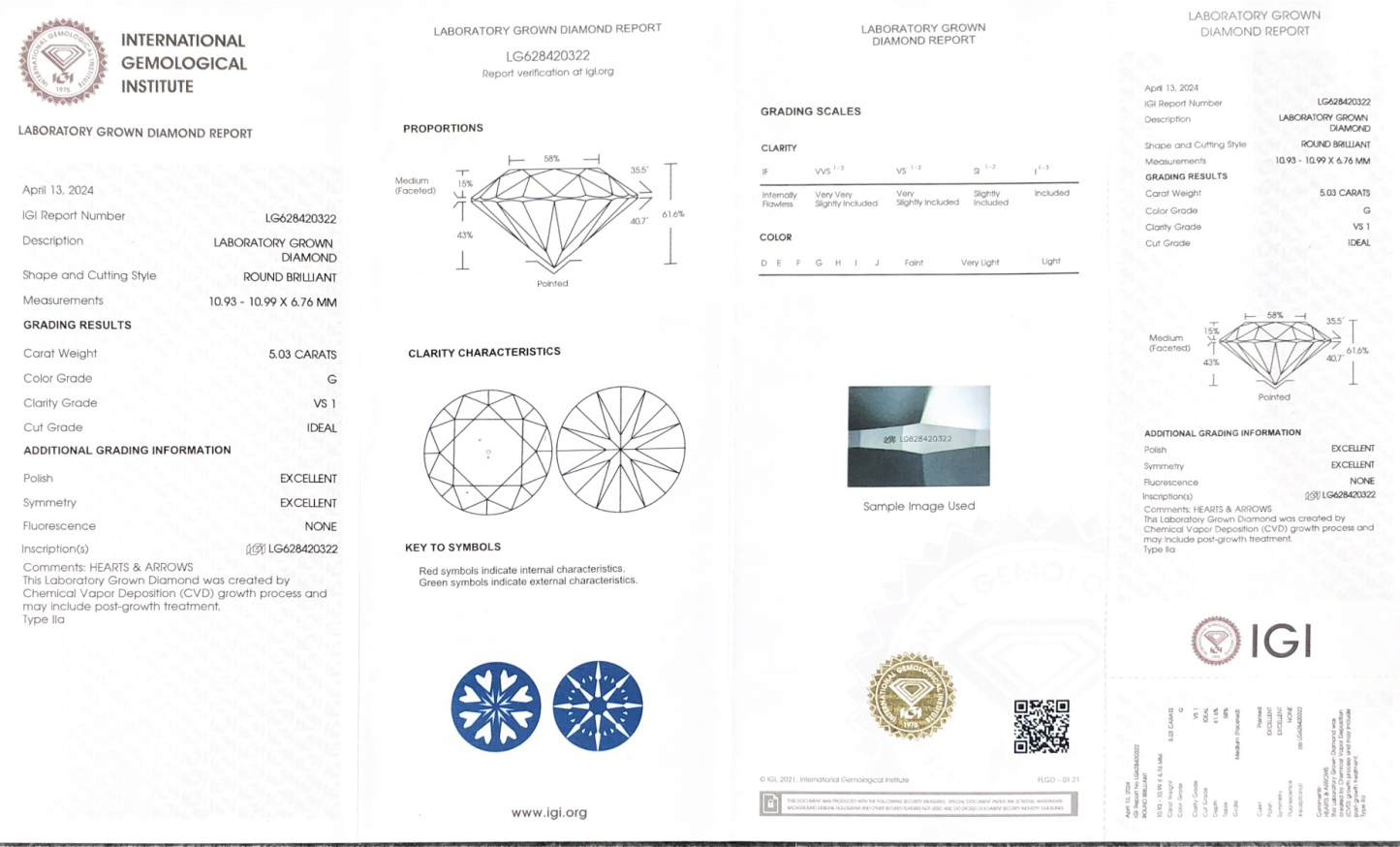 MissDiamond CVD LG628420322 Round Cut 5.03CT G VS1 ID EX EX Lab Grown Diamond