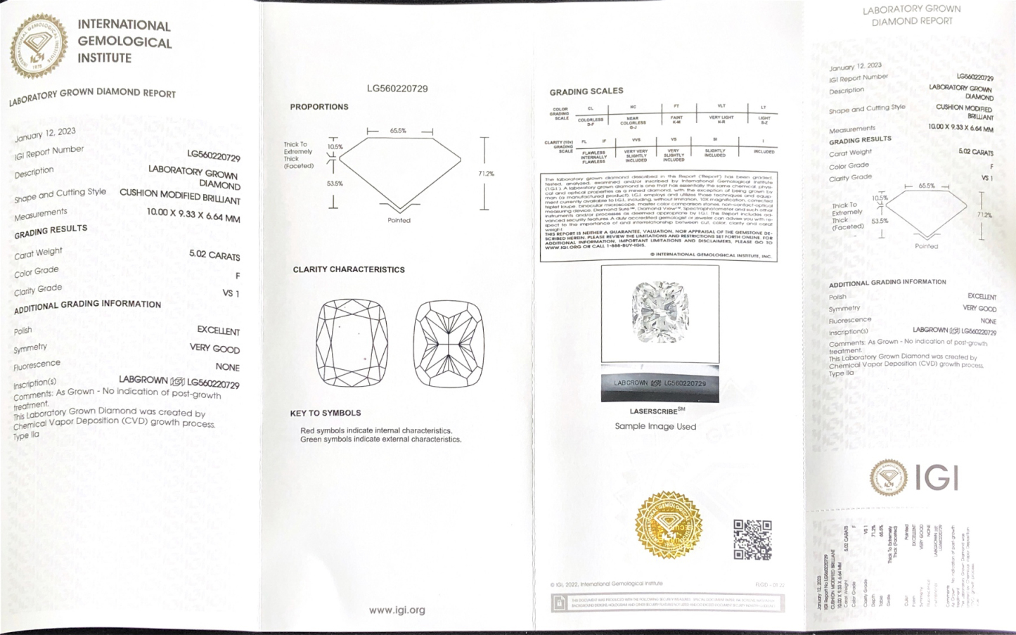 CVD LG560220729 Cushion Modified Brilliant 5.02CT F VS1 EX VG Lab Grown Diamond