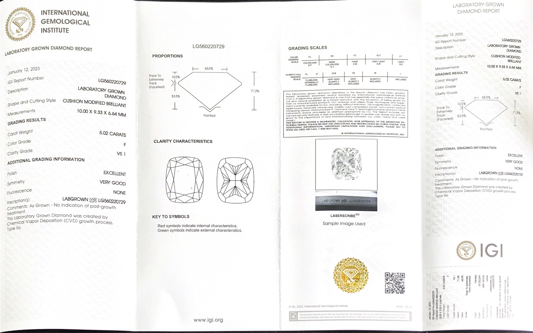CVD LG560220729 Cushion Modified Brilliant 5.02CT F VS1 EX VG Lab Grown Diamond