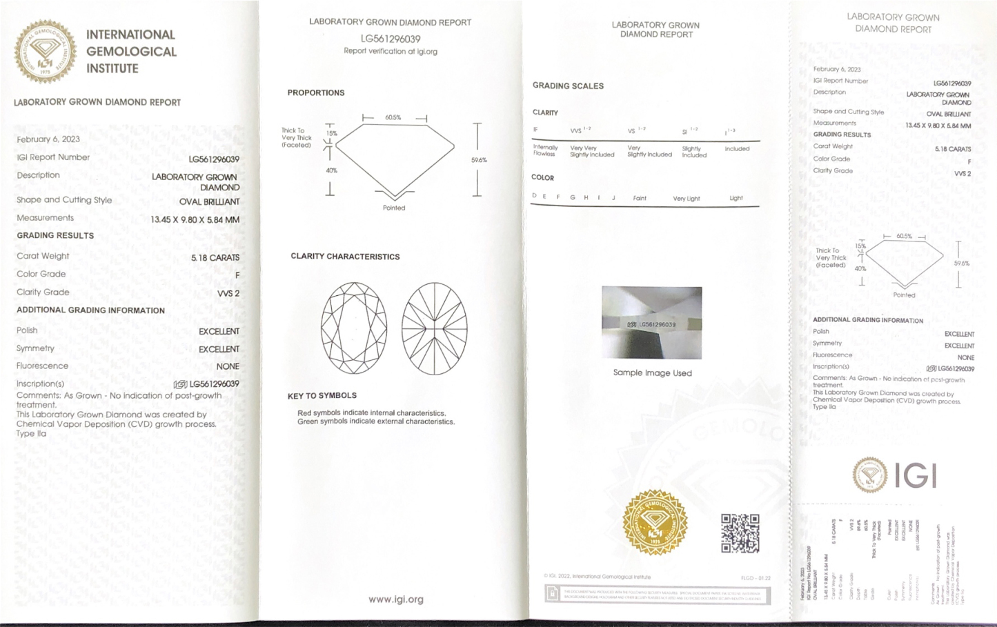 CVD LG561296039 Oval 5.18CT F VVS2 EX EX Lab Grown Diamond