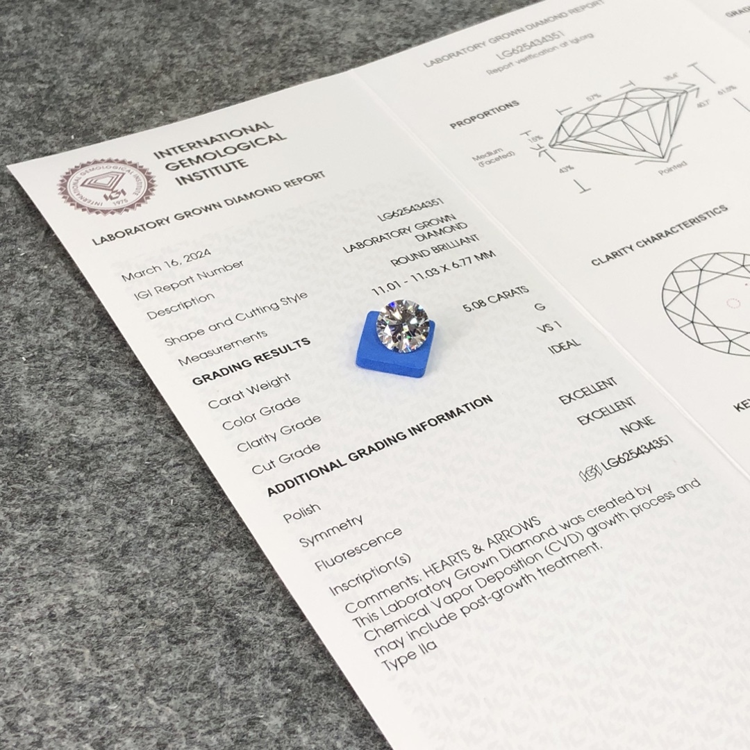 MissDiamond CVD LG625434351 Round Cut 5.08CT G VS1 ID EX EX Lab Grown Diamond