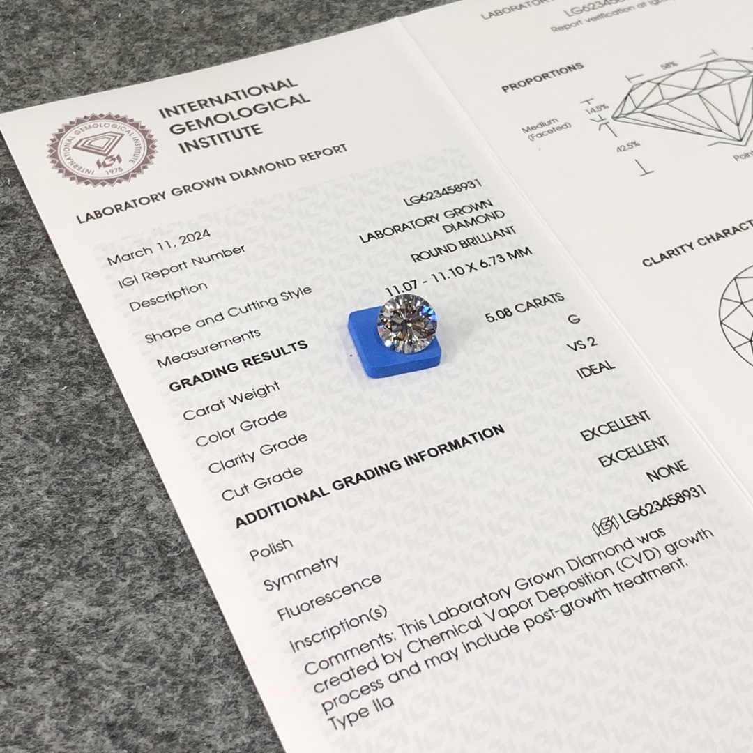 MissDiamond CVD LG623458931 Round Cut 5.08CT G VS2 ID EX EX Lab Grown Diamond