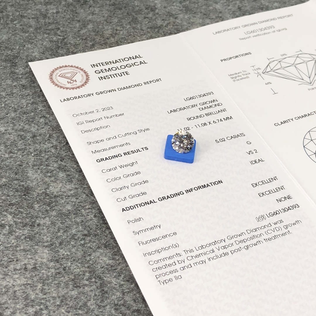 MissDiamond CVD LG601304393 Round Cut 5.02CT G VS2 ID EX EX Lab Grown Diamond