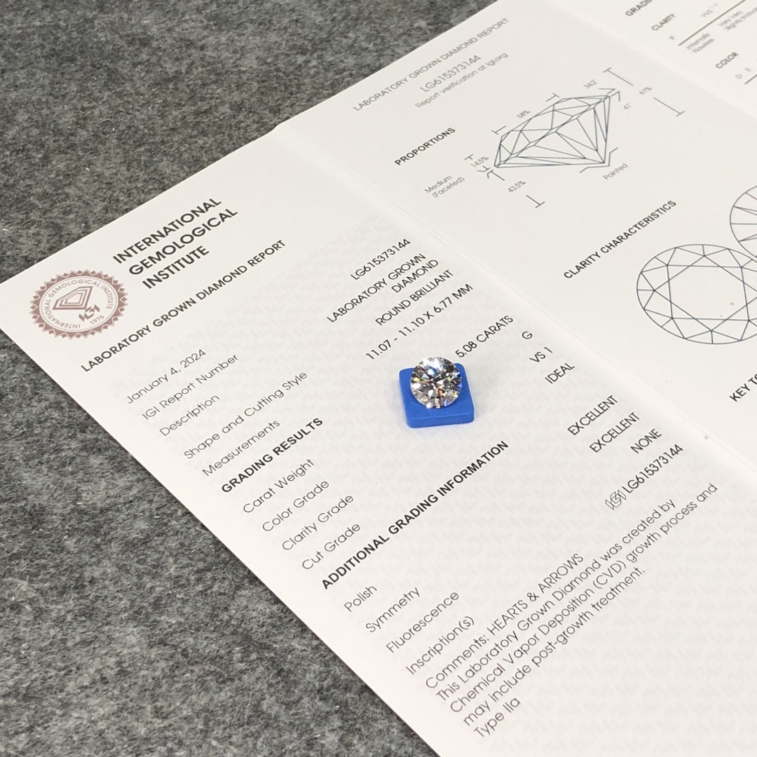MissDiamond CVD LG615373144 Round Cut 5.08CT G VS1 ID EX EX Lab Grown Diamond