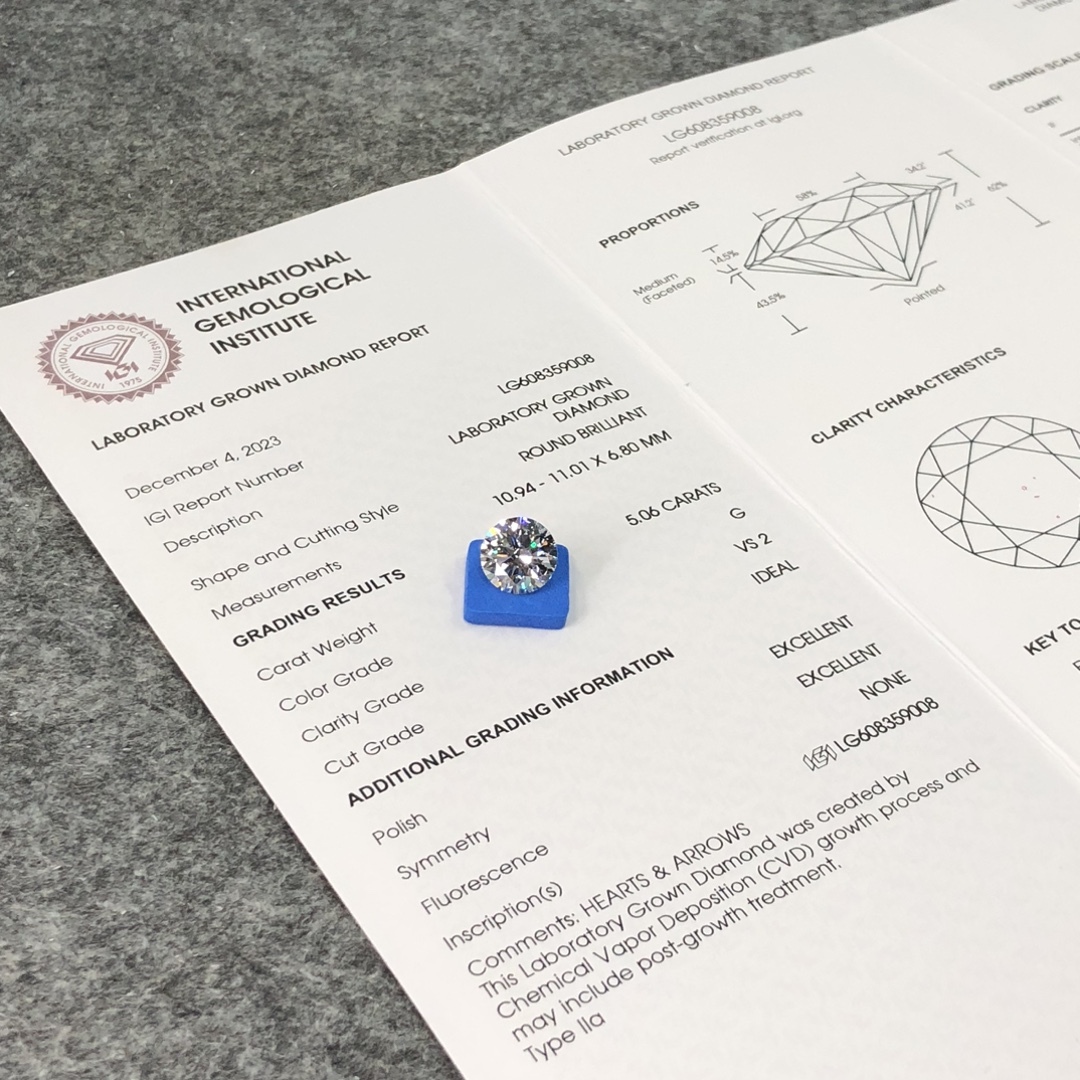 MissDiamond CVDLG608359008 Round Cut 5.06CT G VS2 ID EX EX Lab Grown Diamond