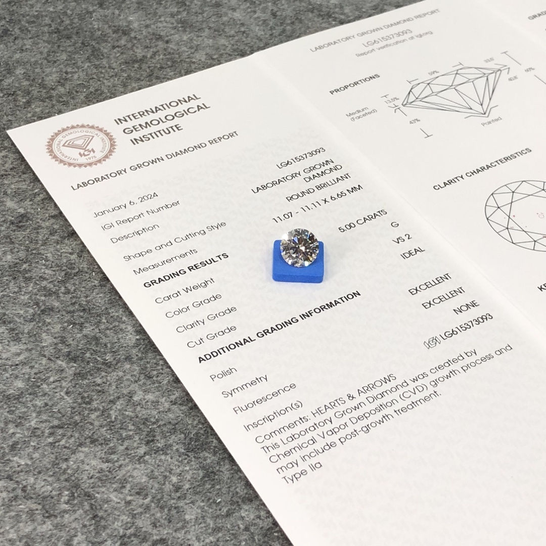 MissDiamond CVD LG615373093 Round Cut 5CT G VS2 ID EX EX Lab Grown Diamond