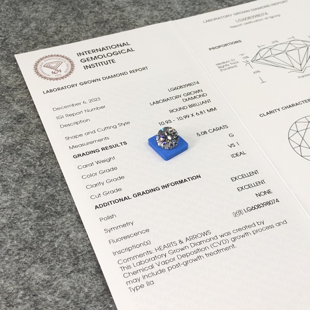 MissDiamond CVD LG608398074 Round Cut 5.08CT G VS1 ID EX EX Lab Grown Diamond