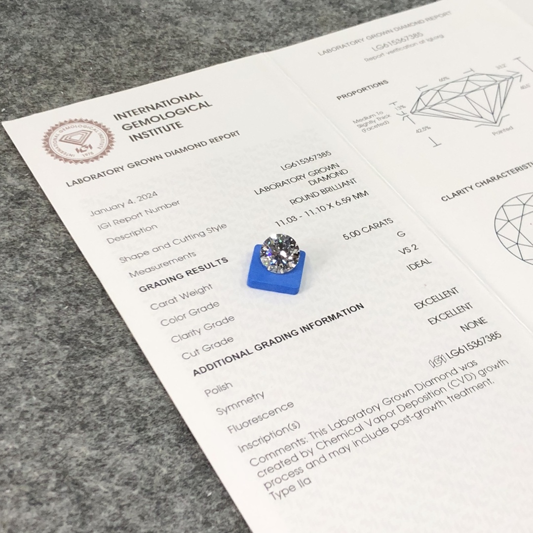 MissDiamond CVD LG615367385 Round Cut 5CT G VS2 ID EX EX Lab Grown Diamond