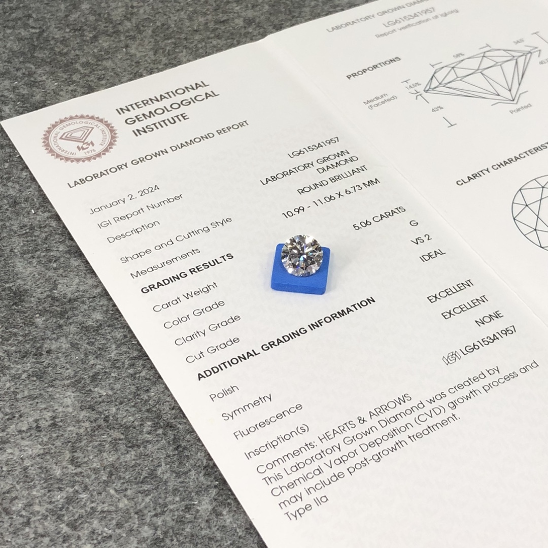 MissDiamond CVD LG615341957 Round Cut 5.06CT G VS2 ID EX EX Lab Grown Diamond