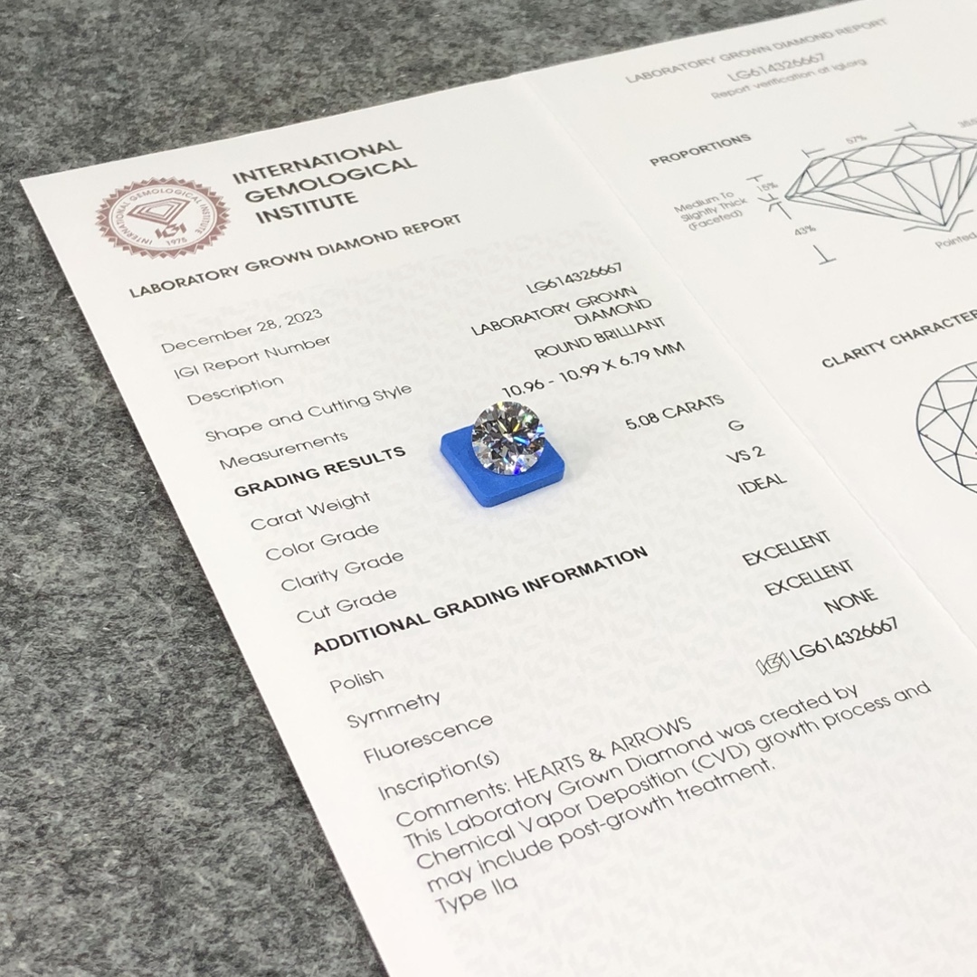MissDiamond CVD LG614326667 Round Cut 5.08CT G VS2 ID EX EX Lab Grown Diamond