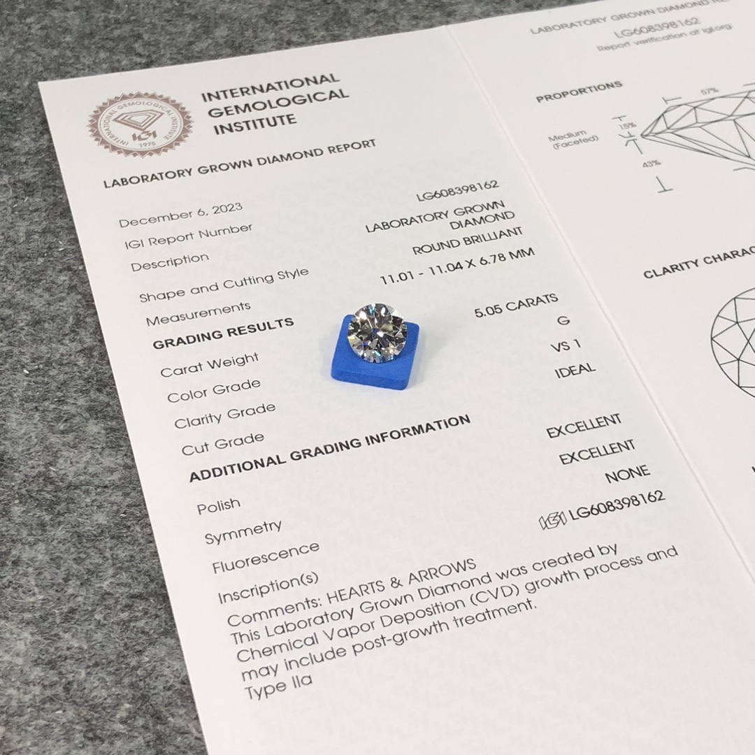 MissDiamond CVD LG608398162 Round Cut 5.05CT G VS1 ID EX EX Lab Grown Diamond