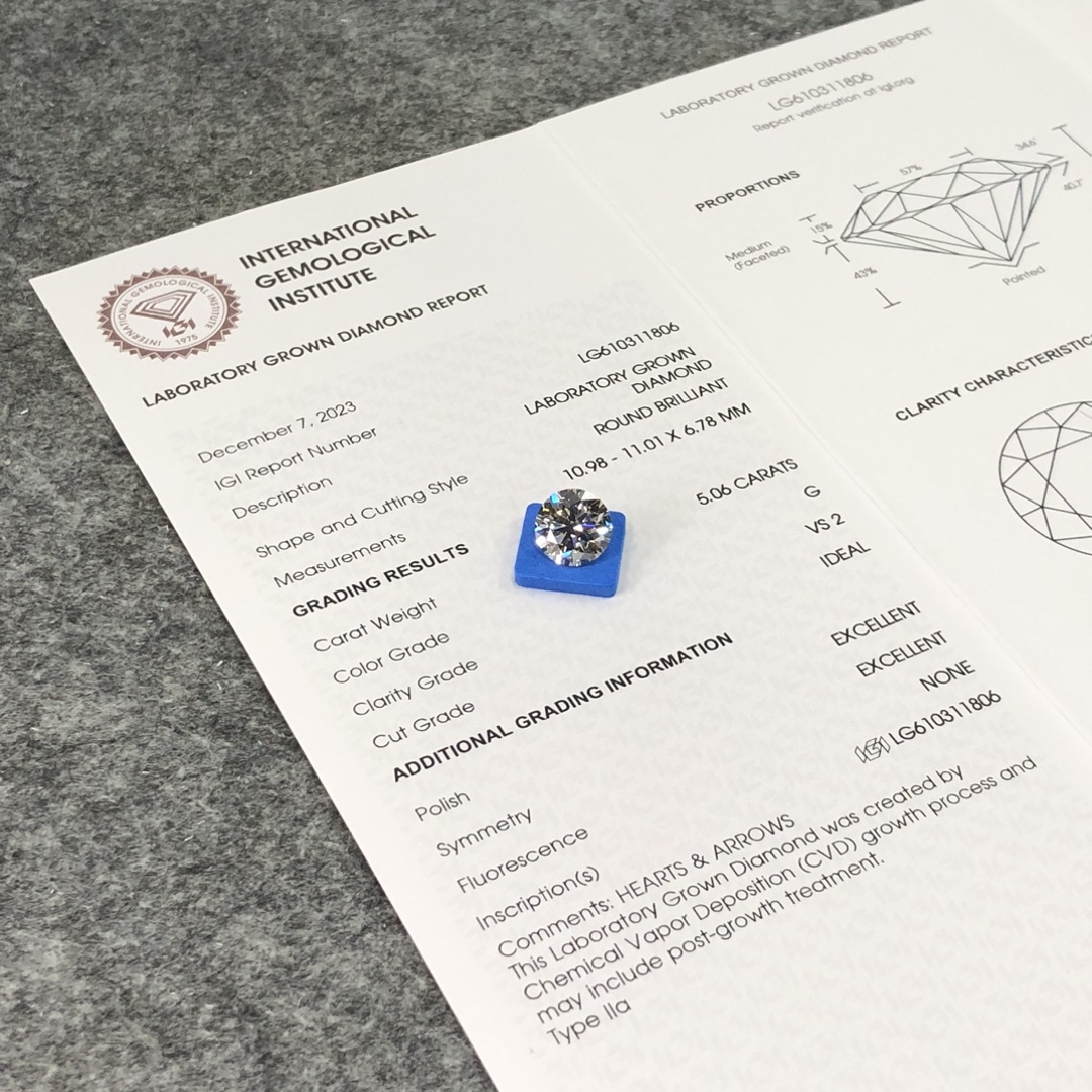 MissDiamond CVD LG610311806 Round Cut 5.06CT G VS2 ID EX EX Lab Grown Diamond