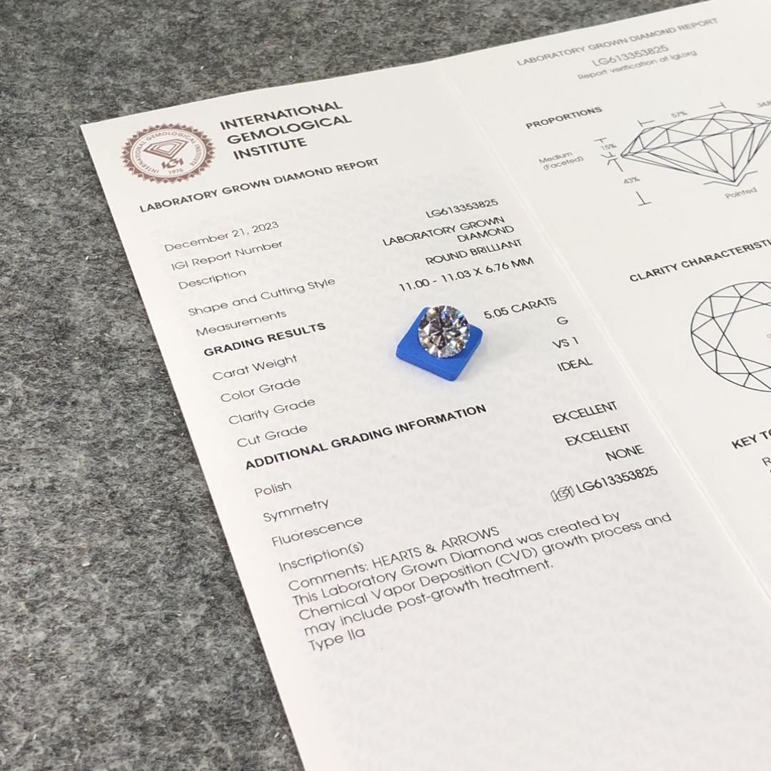 MissDiamond CVD LG613353825 Round Cut 5.05CT G VS1 ID EX EX Lab Grown Diamond