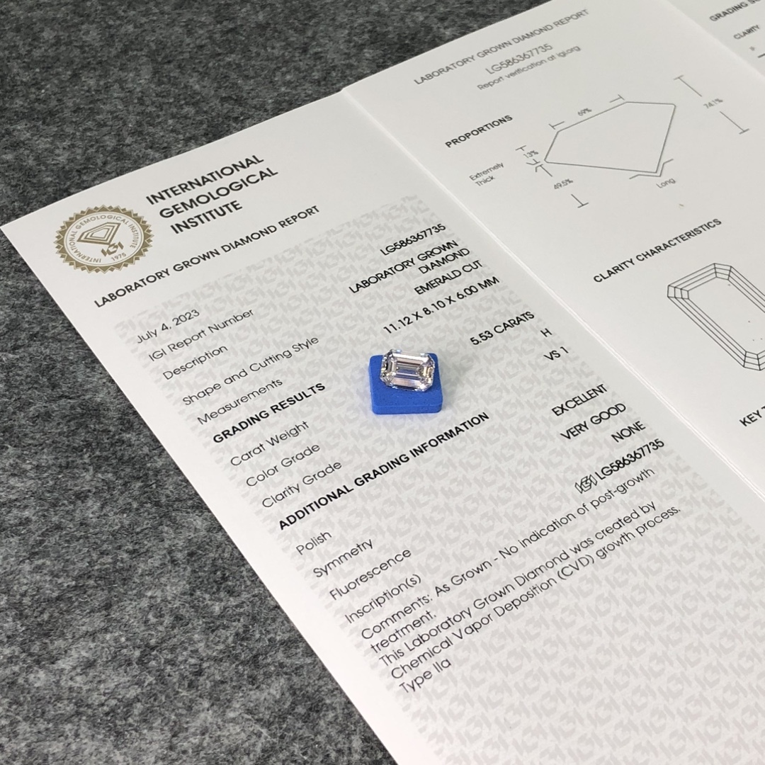 MissDiamond CVD LG586367735 Emerald Cut 5.53CT H VS1 EX VG Lab Grown Diamond
