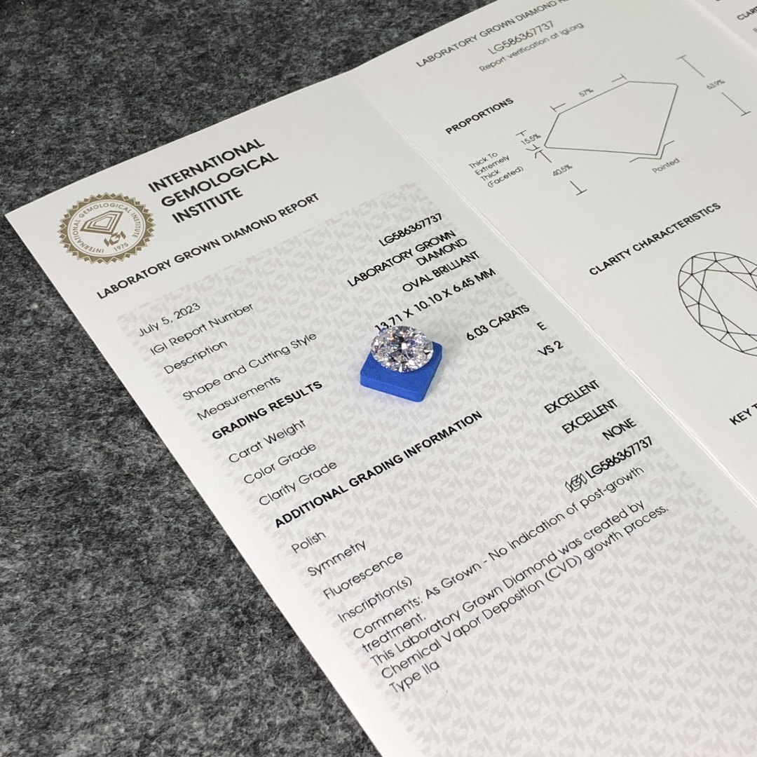 MissDiamond CVD LG586367737 Oval Cut 6.03CT E VS2 EX EX Lab Grown Diamond