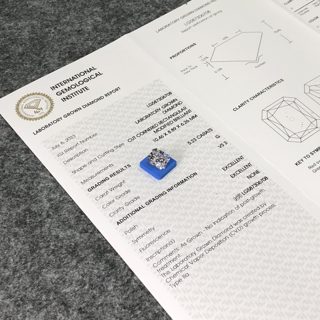 MissDiamond CVD LG587306708 Radiant Cut 5.23CT G VS2 EX EX Lab Grown Diamond