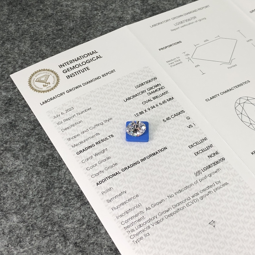 MissDiamond CVD LG587306709 Oval Cut 5.45CT G VS1 EX EX Lab Grown Diamond