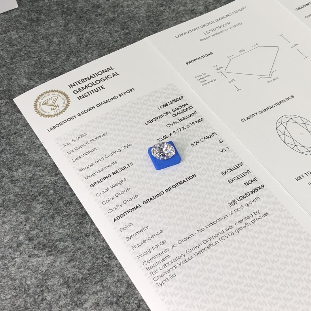 MissDiamond CVD LG587395069 Oval Cut 5.29CT G VS1 EX EX Lab Grown Diamond