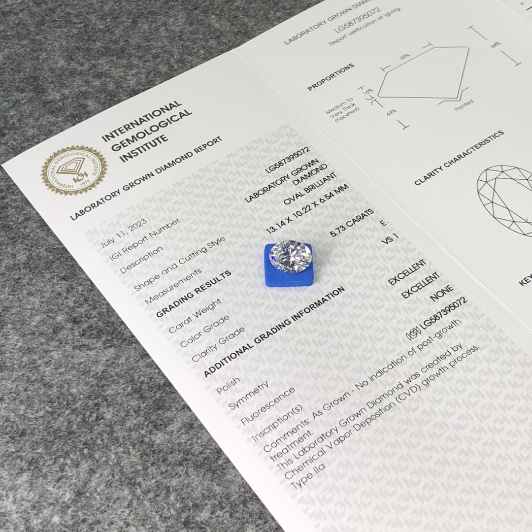 MissDiamond CVD LG587395072 Oval Cut 5.73CT E VS1 EX EX Lab Grown Diamond
