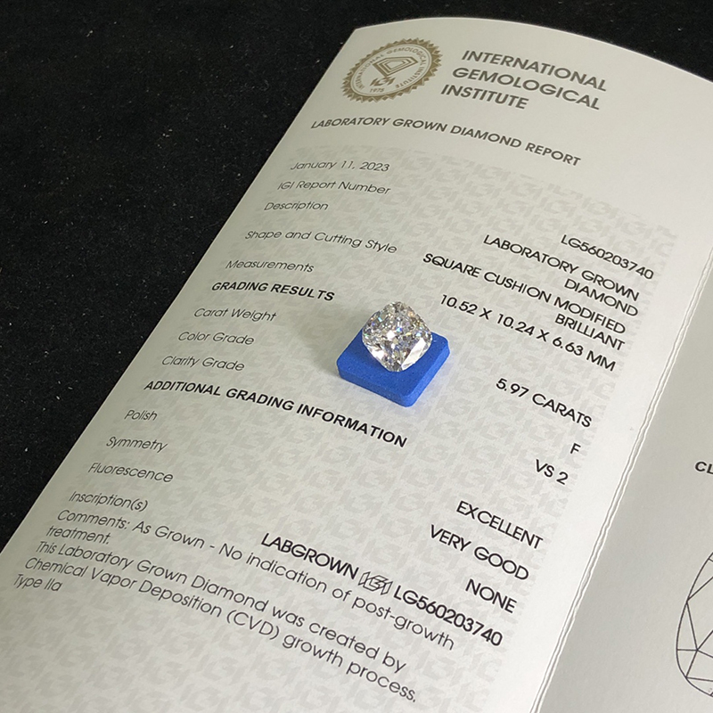 CVD LG560203740 Square Cushion Modified Brilliant 5.97CT F VS2 EX VG Lab Grown Diamond