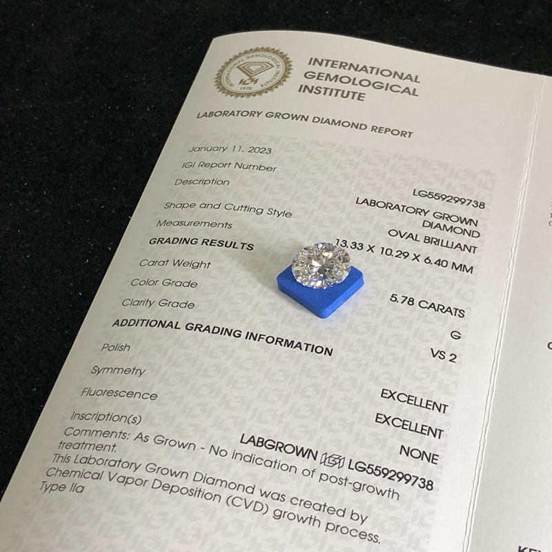 CVD LG559299738 Oval Shape 5.78CT G VS2 EX EX Lab Grown Diamond