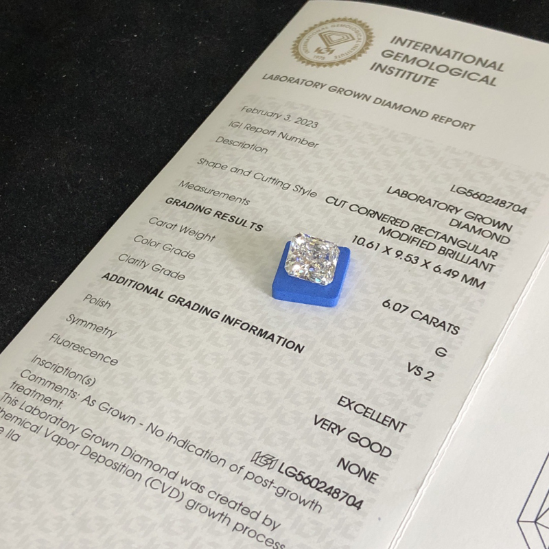 CVD LG560248704 Radiant Shape 6.07CT G VS2 EX VG Lab Grown Diamond