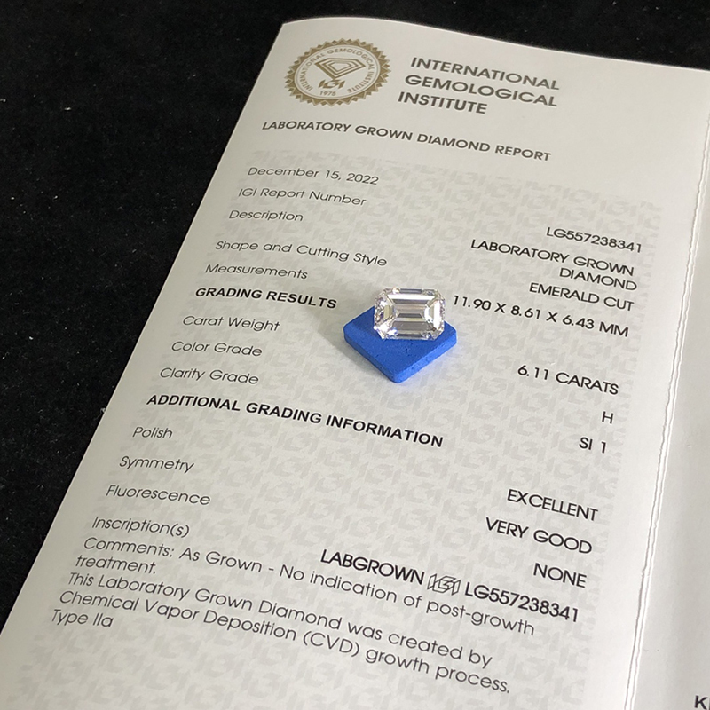 CVD LG557238341 Emerald Shape 6.11CT H SI1 EX VG Lab Grown Diamond