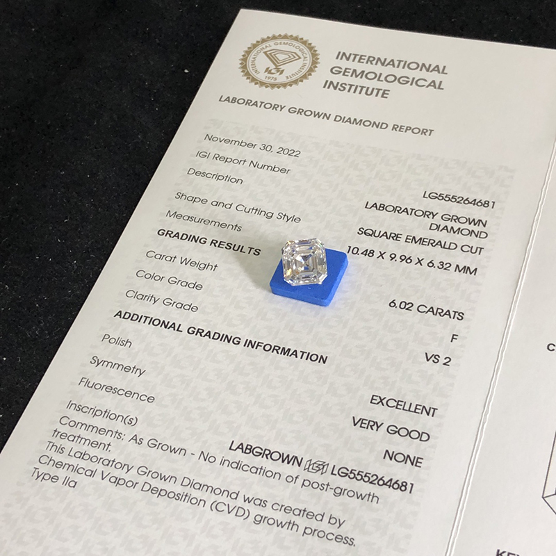 CVD LG555264681 Square Emerald Cut 6.02CT F VS2 EX VG Lab Grown Diamond