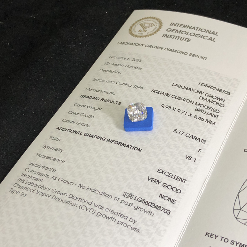 CVD LG560248703 SQUARE CUSHION MODIFIED BRILLIANT 5.17CT F VS1 EX VG Lab Grown Diamond