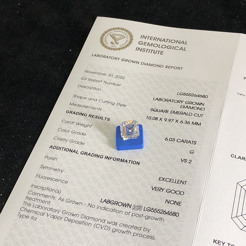CVD LG555264680 Square Emerald Cut 6.03CT G VS2 EX VG Lab Grown Diamond