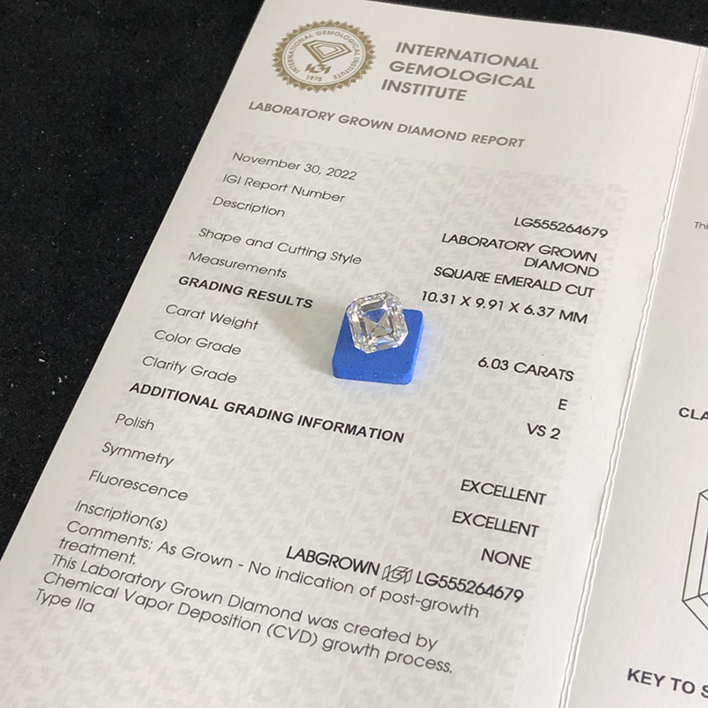 CVD LG555264679 Square Emerald Cut 6.03CT E VS2 EX EX Lab Grown Diamond