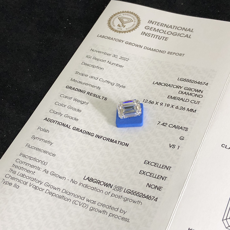 CVD LG555264674 Emerald Shape 7.42CT G VS1 EX EX Lab Grown Diamond