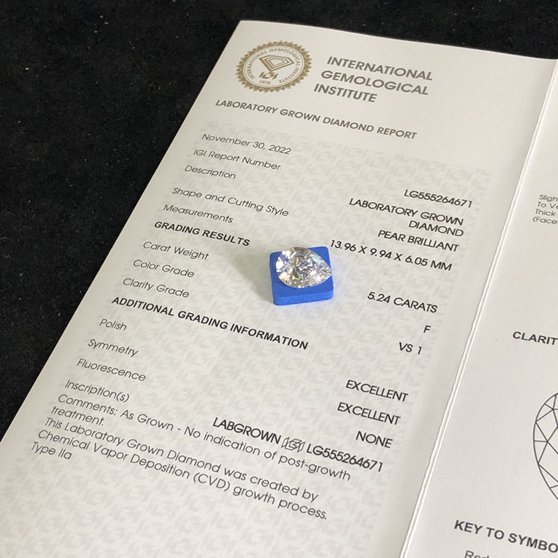 CVD LG555264671 Pear Shape 5.24CT F VS1 EX EX Lab Grown Diamond