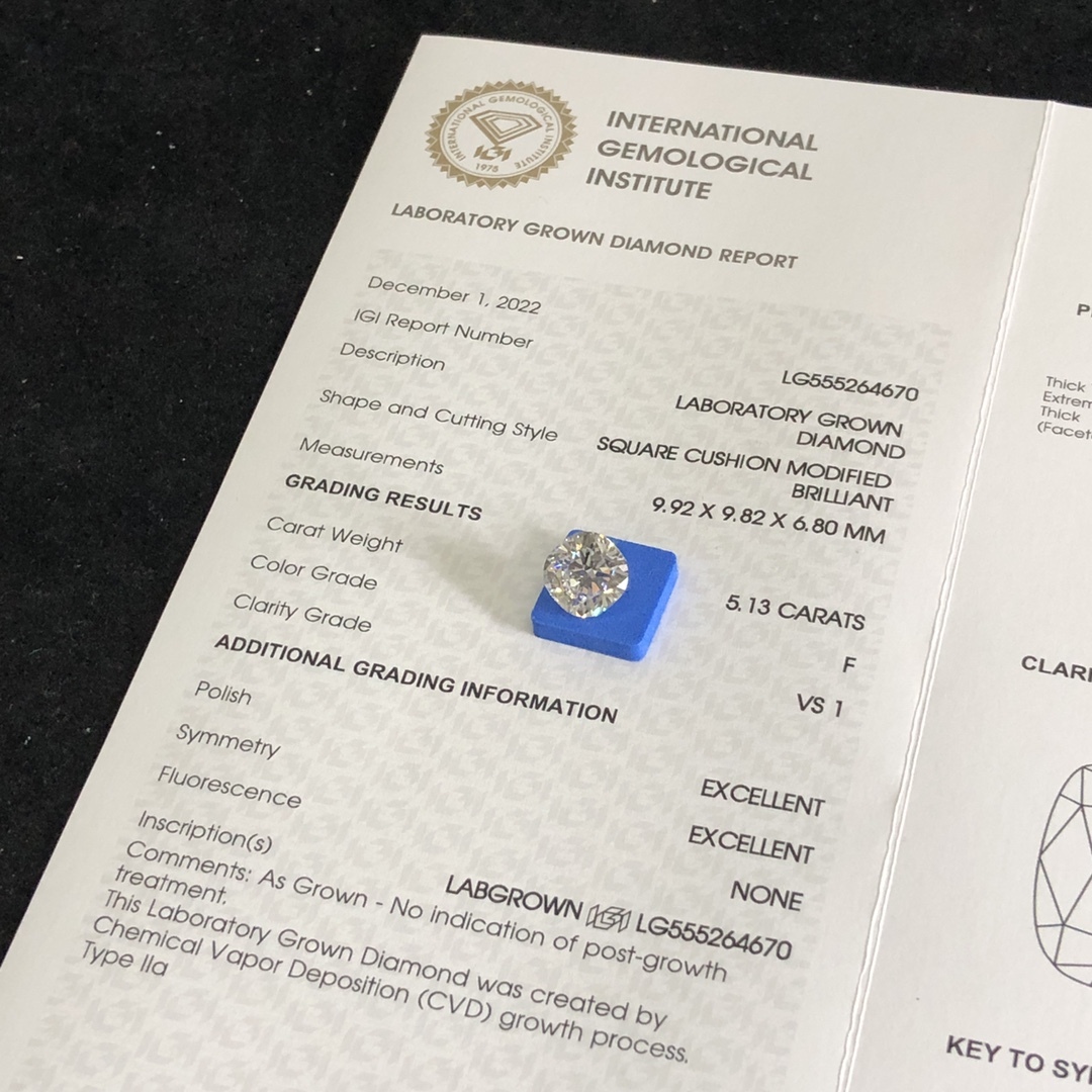 CVD LG555264670 Square Cushion Modified Brilliant 5.13CT F VS1 EX EX Lab Grown Diamond
