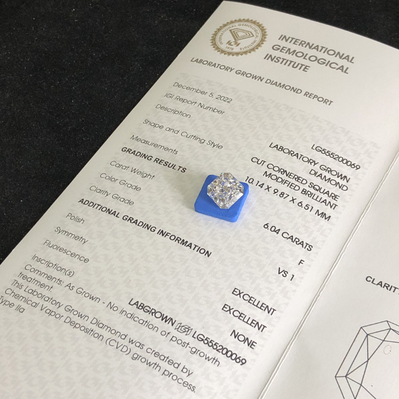 CVD LG555200069 Cut Cornered Rectangular Modified Brilliant 6.04CT F VS1 EX EX Lab Grown Diamond