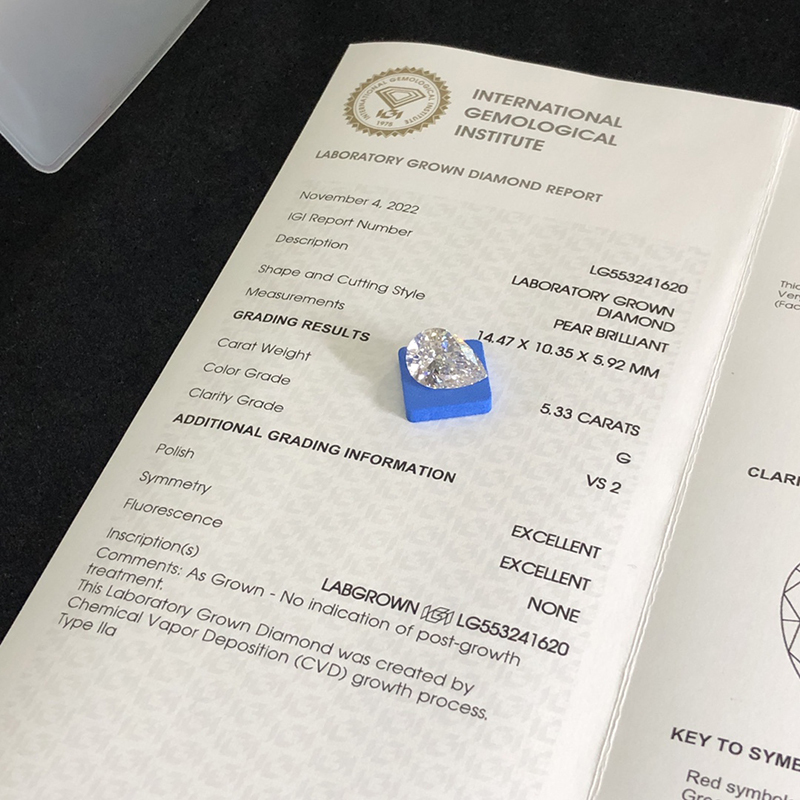 CVD LG553241620 Pear Shape 5.33CT G VS2 EX EX Lab Grown Diamond
